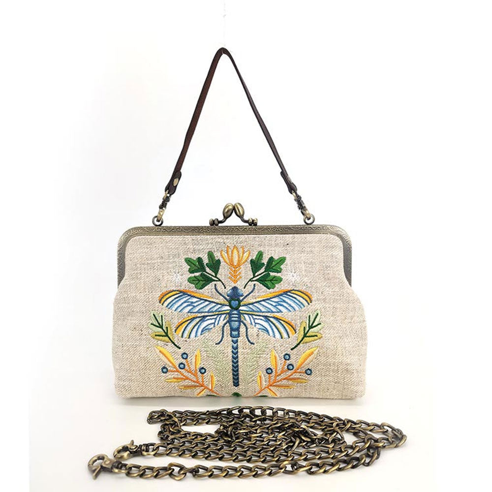 Dragonfly Embroidered Vintage-Style Kisslock Handbag : Beige