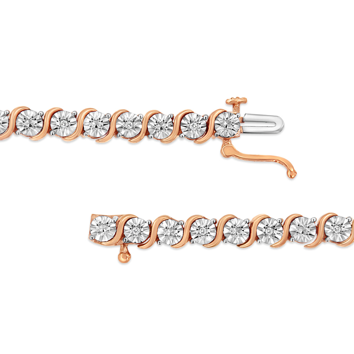 14K Rose Gold Plated .925 Sterling Silver 1/10 Cttw Diamond Round Miracle Plate and "S" Link Tennis Bracelet (I-J Color, I2- I3 Clarity) - 7"