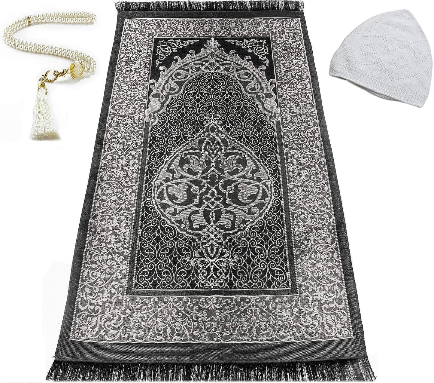 Men’s Muslim Prayer Set – Premium Turkish Cotton Kufi Hat, Prayer Carpet Rug with Embroidered Tassels & Pearl Prayer Beads