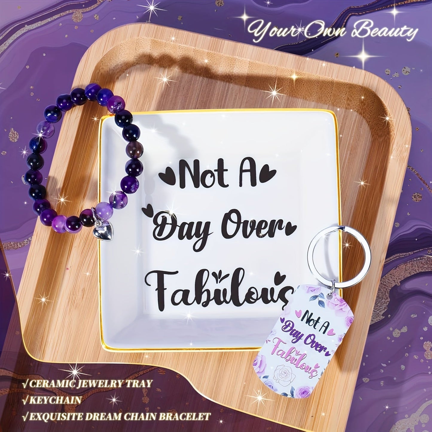 1set Purple Spa & Self-Care Gift Set for Women - Tumbler, Scented Candle, Bath Soap, Beaded Bracelet, Keychain, Jewelry Tray & Greeting Card - Ideal for Birthday, Anniversary, Retirement, Christmas, Get Well - No Electricity