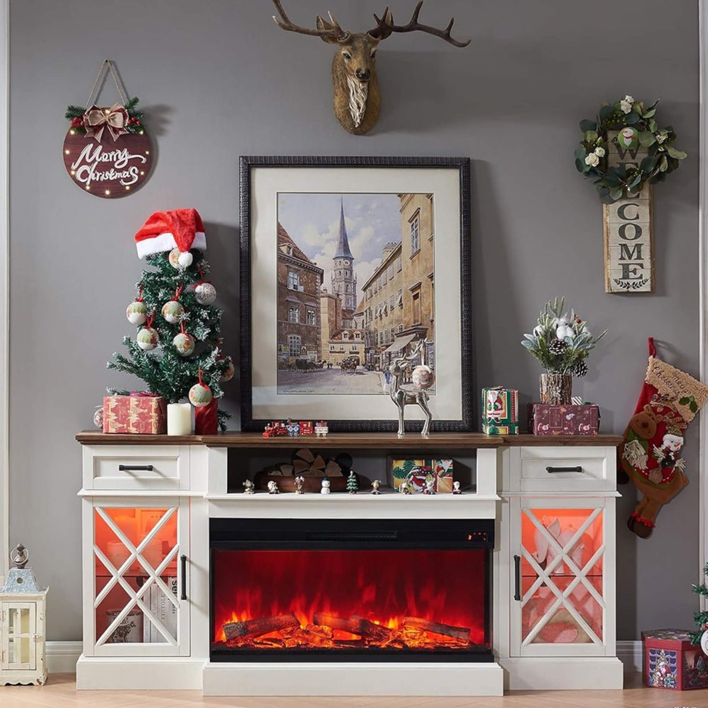 Electric Fireplace TV Stand With Glass Door Storage Cabinet, 70" (SAK58627)