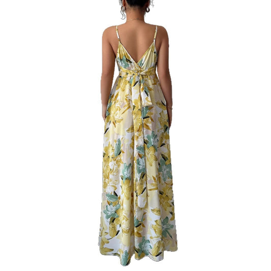 Elegant style suspender printed long skirt dress