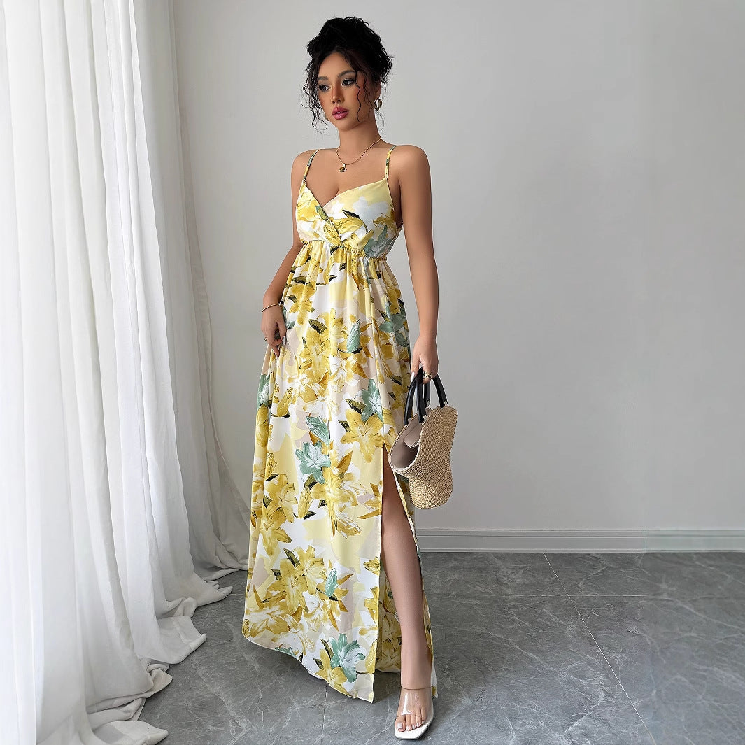 Elegant style suspender printed long skirt dress