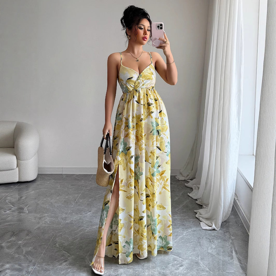 Elegant style suspender printed long skirt dress