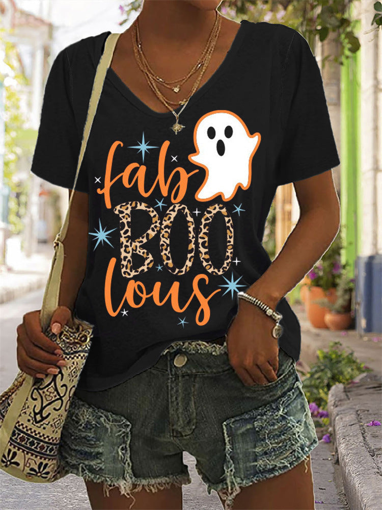 Cross-Border 3D Printed Loose V-Neck T-shirt for Women