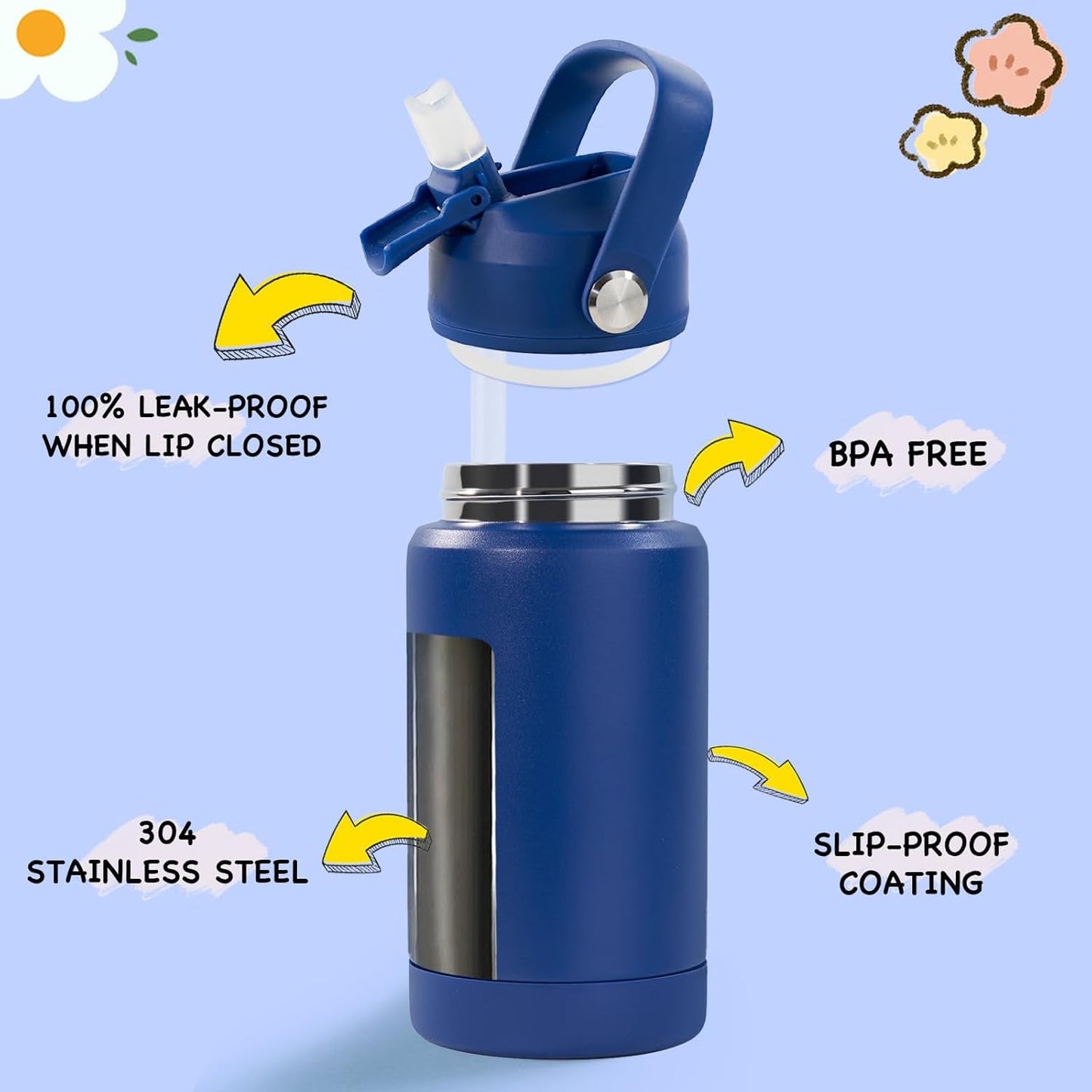 12Oz Kids Water Bottle, Stainless Steel Insulated Water Bottle for Kids, Toddler Cup with Straws Leak-Proof, Kids Water Bottles for School Boys Girls, BPA Free, Blue
