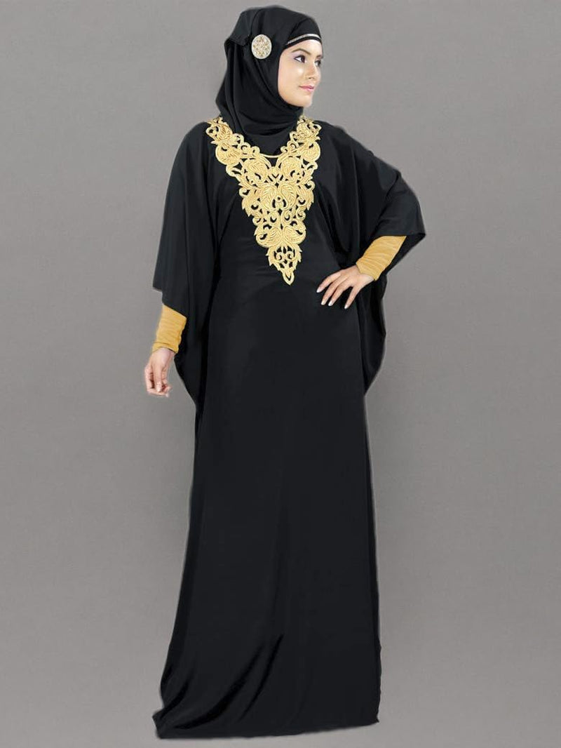 Elegant Gold Embroidered Kaftan with Cutwork Neckline