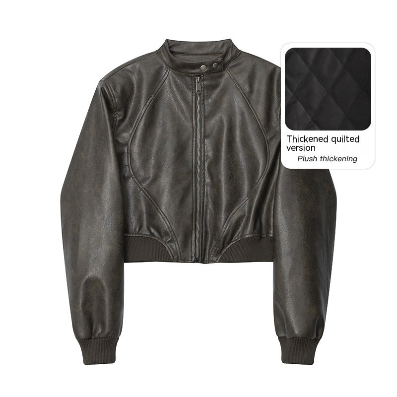 HeyHenry American Fashion Stand Collar Long Sleeve Short PU Leather Short Jacket