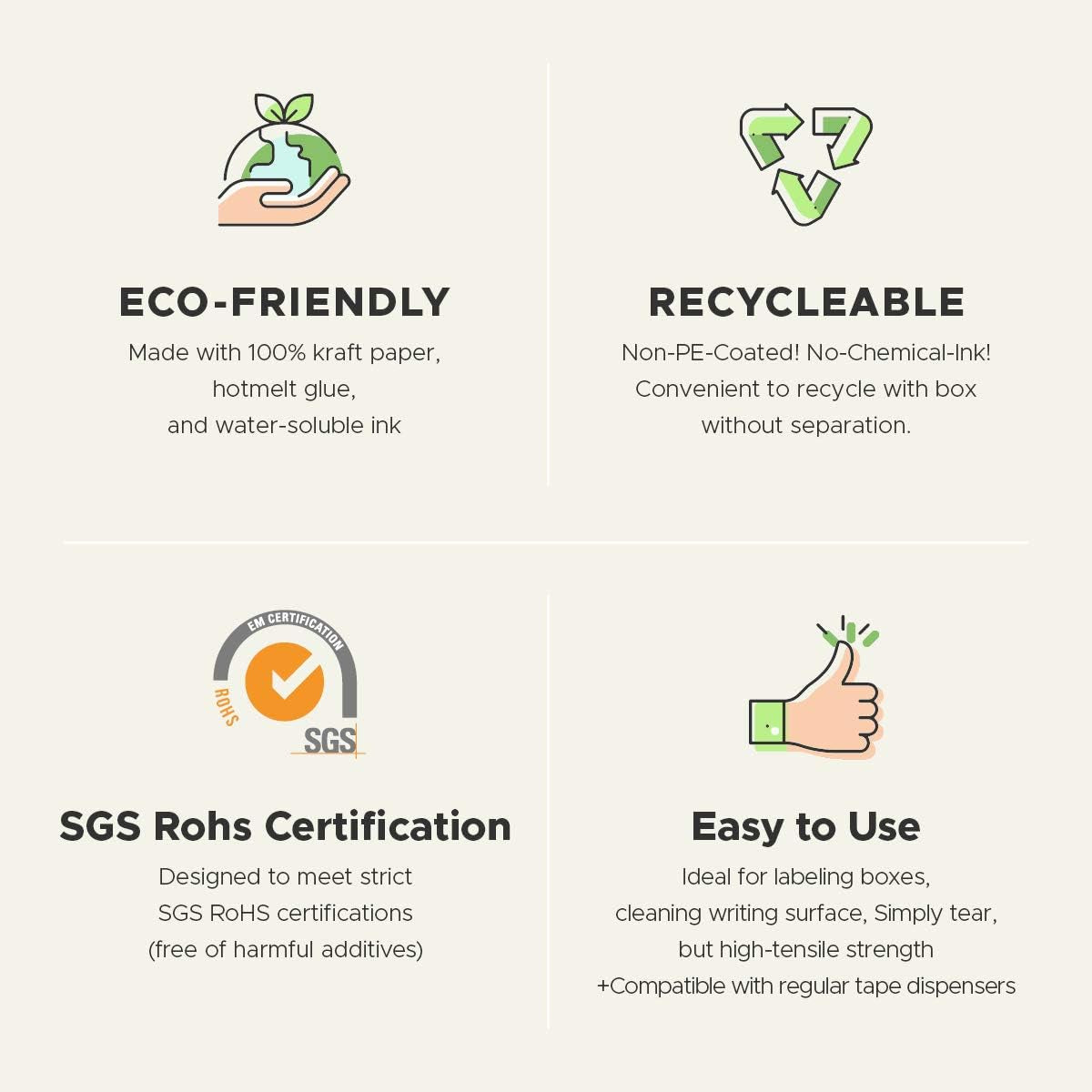 Eco Kraft Paper Packing Tape – 2" x 43 Yards Brown Writable Masking Tape – Heavy Duty, Recyclable, Tearable by Hand – Strong Adhesive for Shipping, Moving, Crafting & Storage