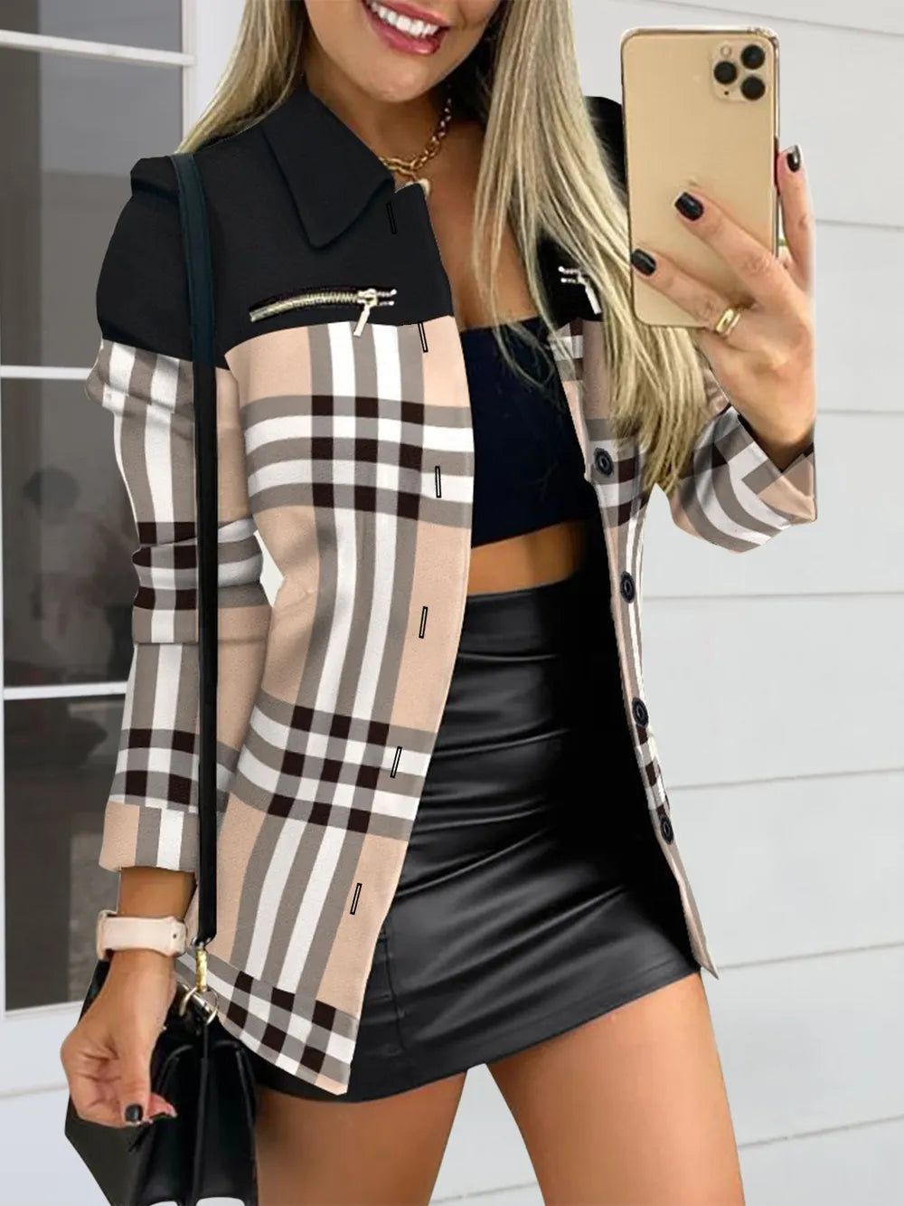 Long sleeved button color blocked printed lapel commuter suit for women