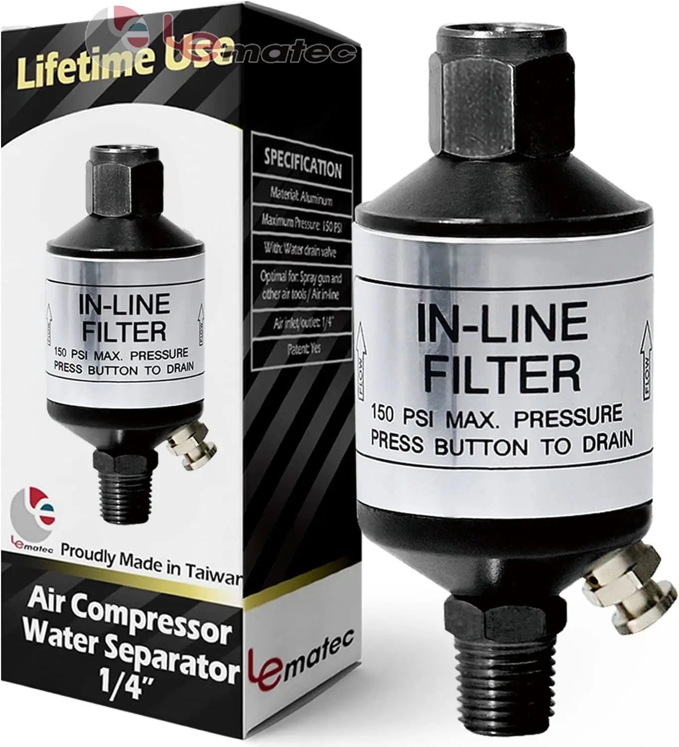 Professional Inline Air Filter System - 150 PSI Aluminum Oil & Water Separator with Drain (AI303)