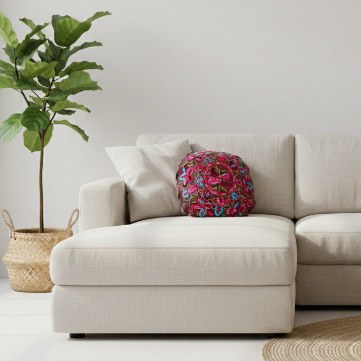 Up-cycled Moon Floral Huipil One-of-a-Kind Round Boho Pillow Cover - Guatemala