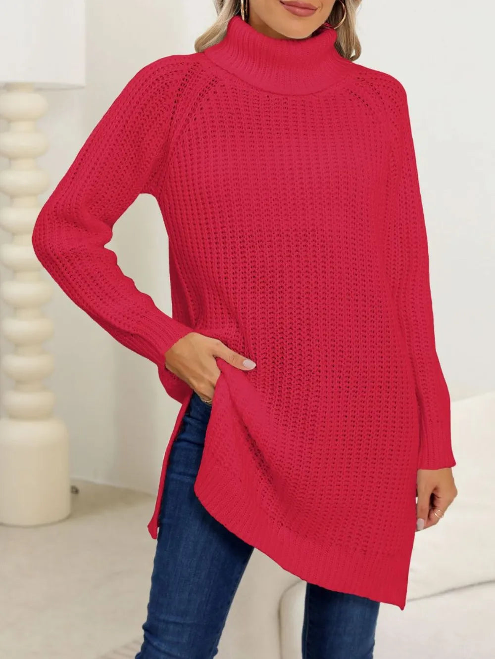 New autumn and winter thick sweater high neck simple slit dress