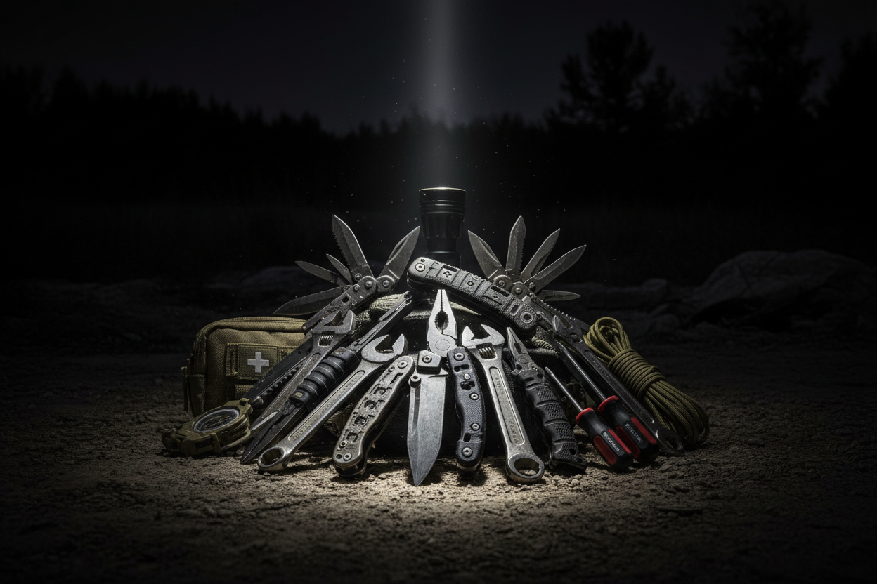 night shift tactical tools in a pile at night with flashlight beam on it