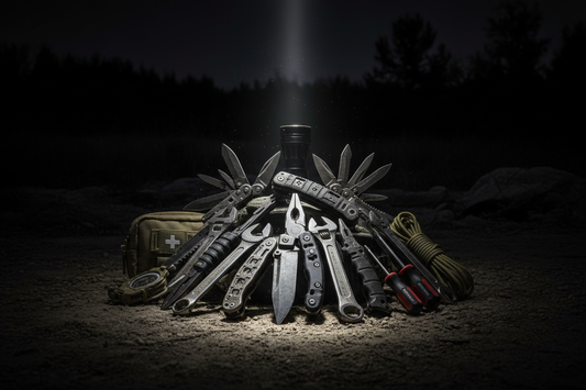 night shift tactical tools in a pile at night with flashlight beam on it