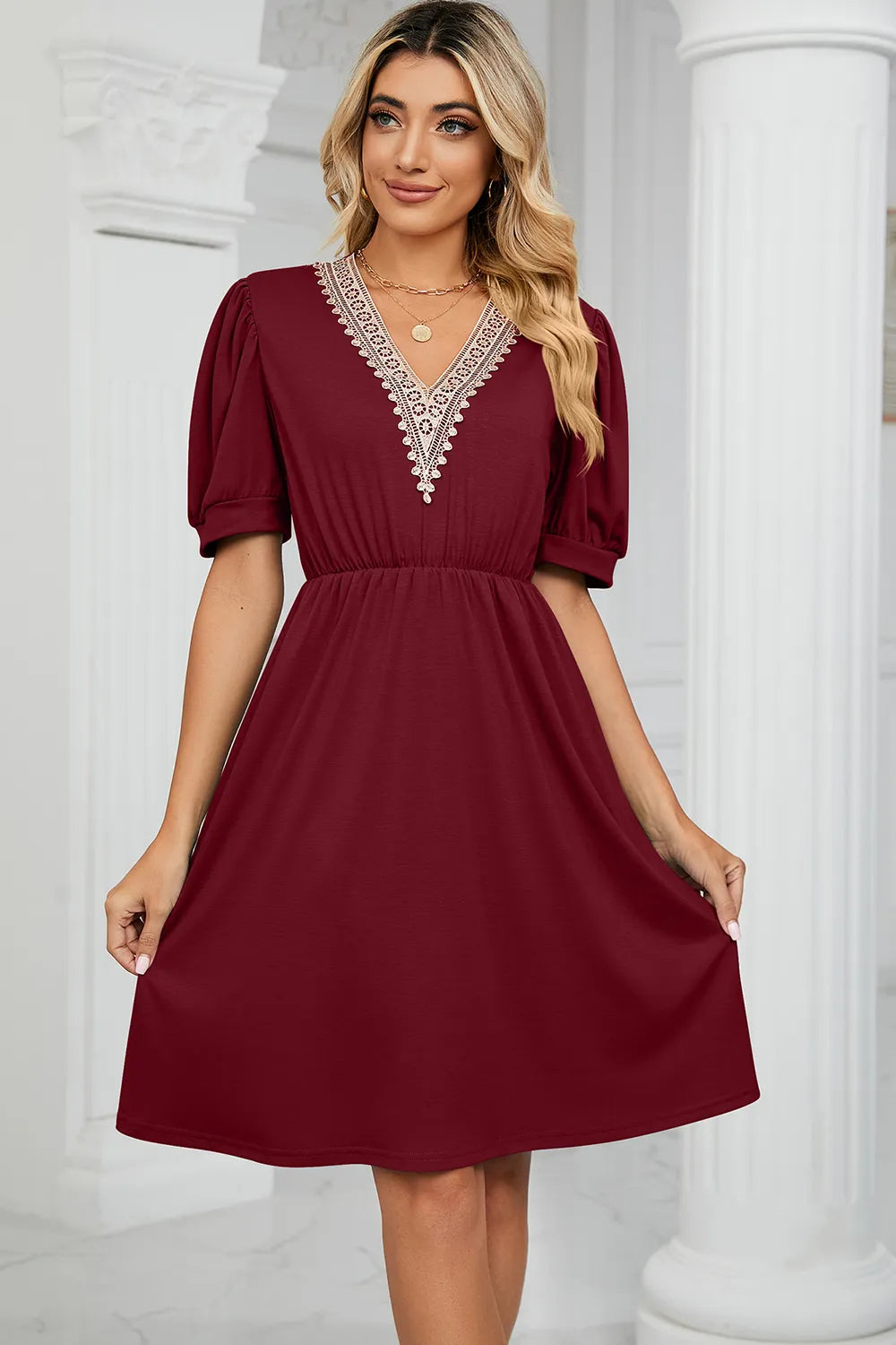 Solid color lace patchwork V-neck short sleeved pocket waist cinching dress