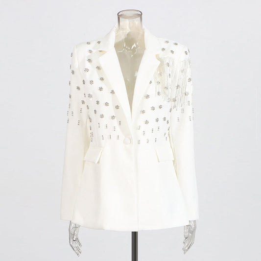 Temperament solid color small suit personality nail diamond tassel design suit jacket for women