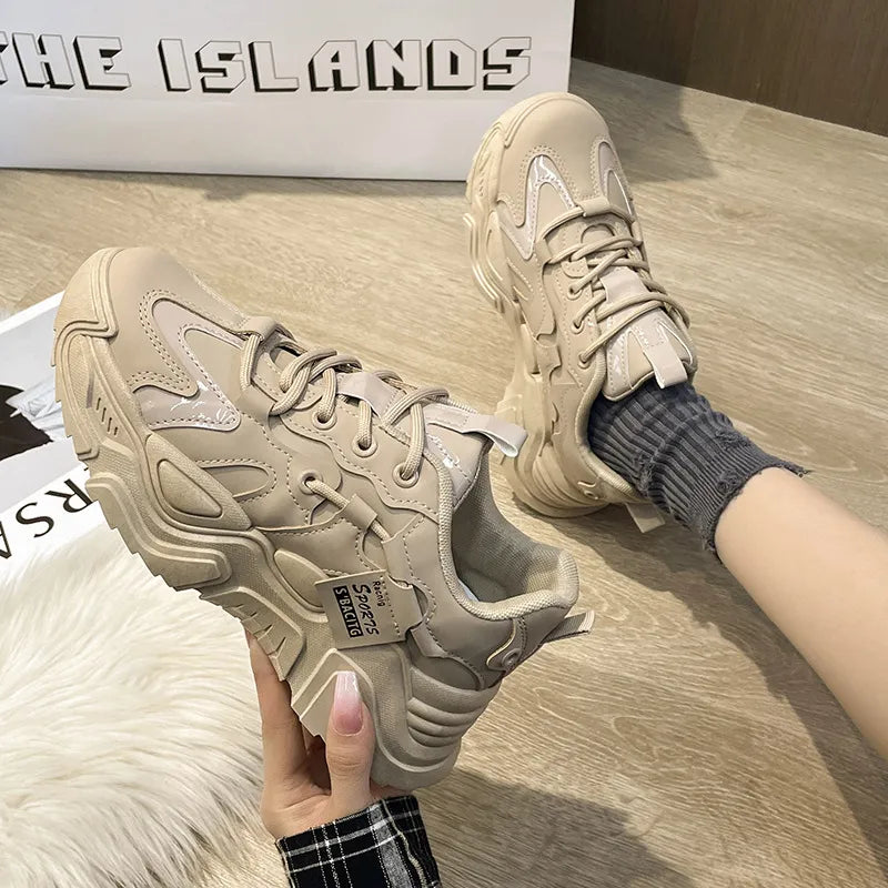 Thick soled women's white single shoes Korean version color blocked lace up height for casual running