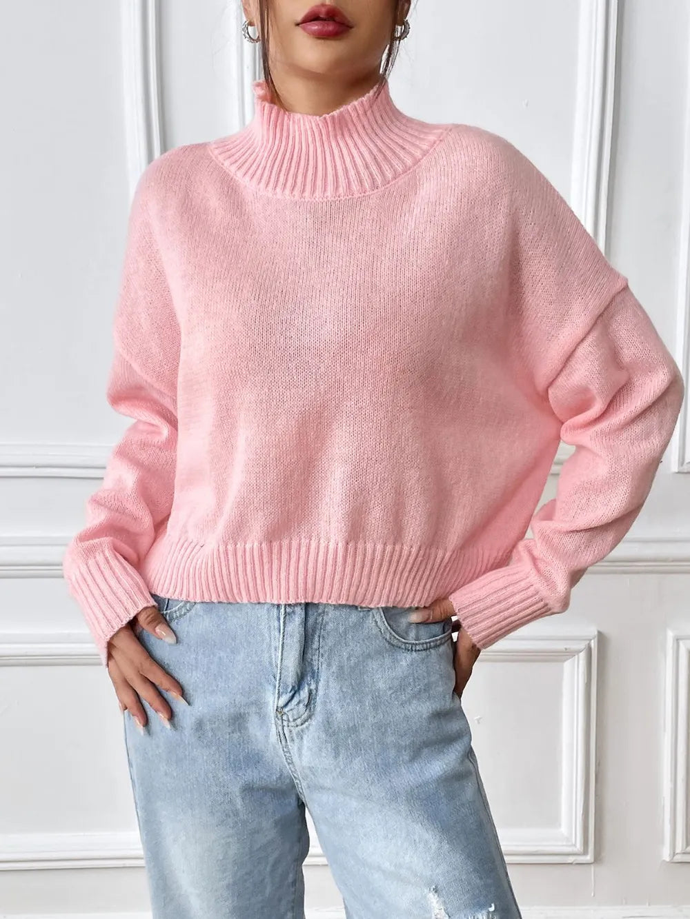 Women's autumn and winter high neck pullover sweater solid color loose casual base sweater